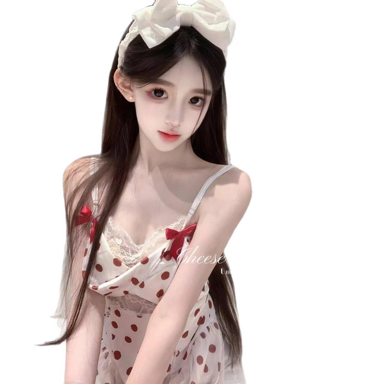 Purely Alluring Polka Dot Lace Camisole Nightgown, Backless Mesh Trim, Women’s Date Night Pajama Set — detail image 5