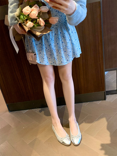 The same style as Grape Mom, sweet round toe lambskin flat bottom bow stitching shallow mouth ballet shoes for women