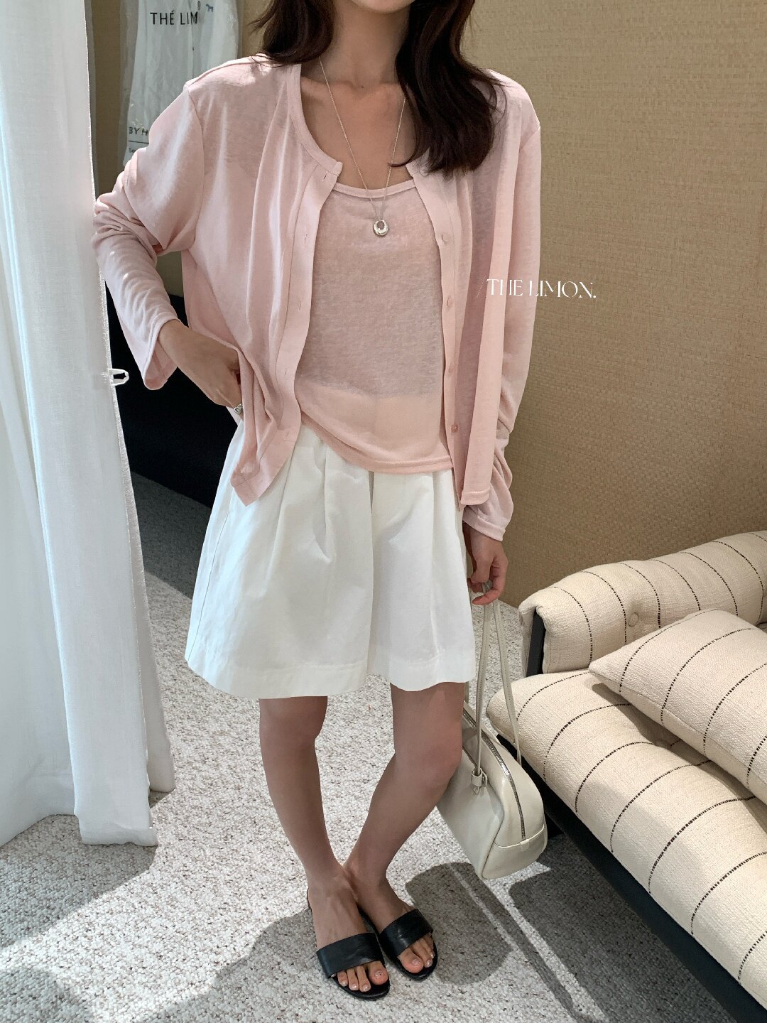 Bộ cardigan len mỏng kèm áo hai dây hai mảnh nữ mùa hè — Xám cacbon, xanh lam, màu hồng, Đậu xanh chi tiết 94