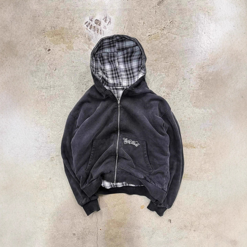 Y2K New Plaid Double-Sided Letter Embroider American Retro Street Casual Zipper Cardigan Sweatshirt Wholesale