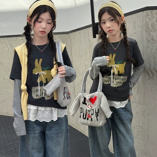 女童秋装卡通T恤2026新款儿童洋气中大童灰色打底衫秋季女孩上衣