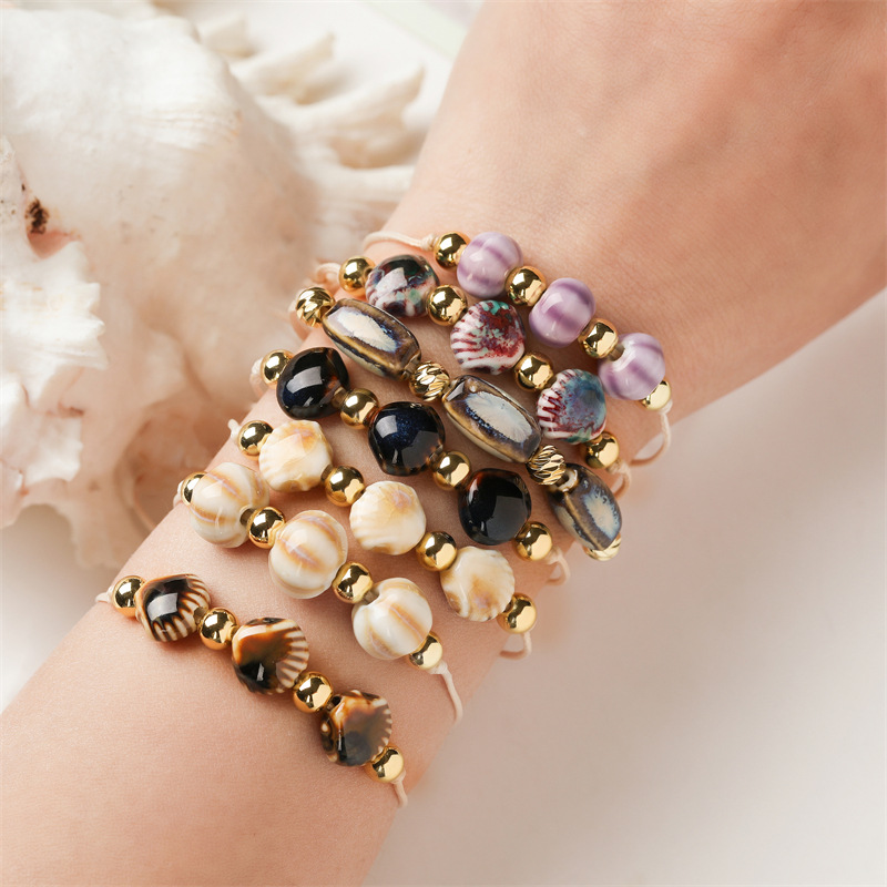 Brazalete de cuentas de sandía de cerámica TEMU transfronterizo europeo y americano tejido a mano pulsera de cuentas ajustable para damas spot al por mayor