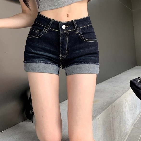 2026 Summer Women's American Style Hot Girl Low Waist Ultra Short Jeans Hot Pants Women's Summer Dark Blue Rolled Hem Shorts