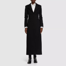 秋冬新款 西装领单排暗扣修身加长款女黑色毛呢大衣外套