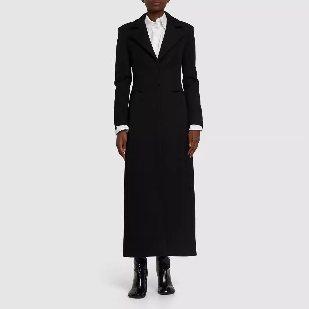 秋冬新款 西装领单排暗扣修身加长款女黑色毛呢大衣外套