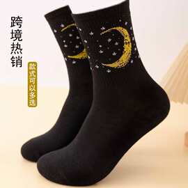 新款中筒袜女袜子女满天星月亮小花卡通恐龙水母海草柠檬跨境热销