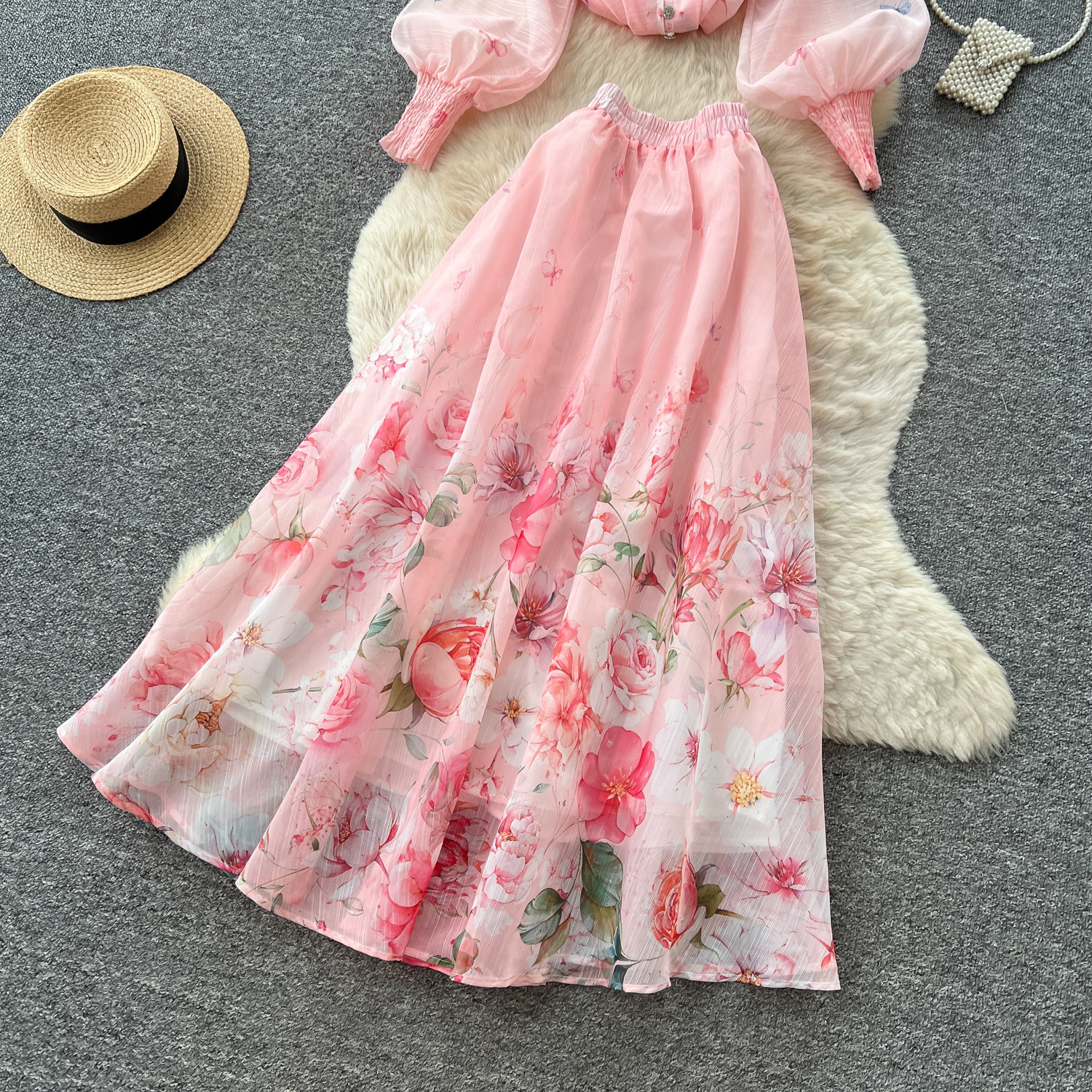 French Romantic Style Women's Two Piece Set Floral Print Blouse And High Waisted Skirt Autumn Elegance And Sophistication_ecoleips.com