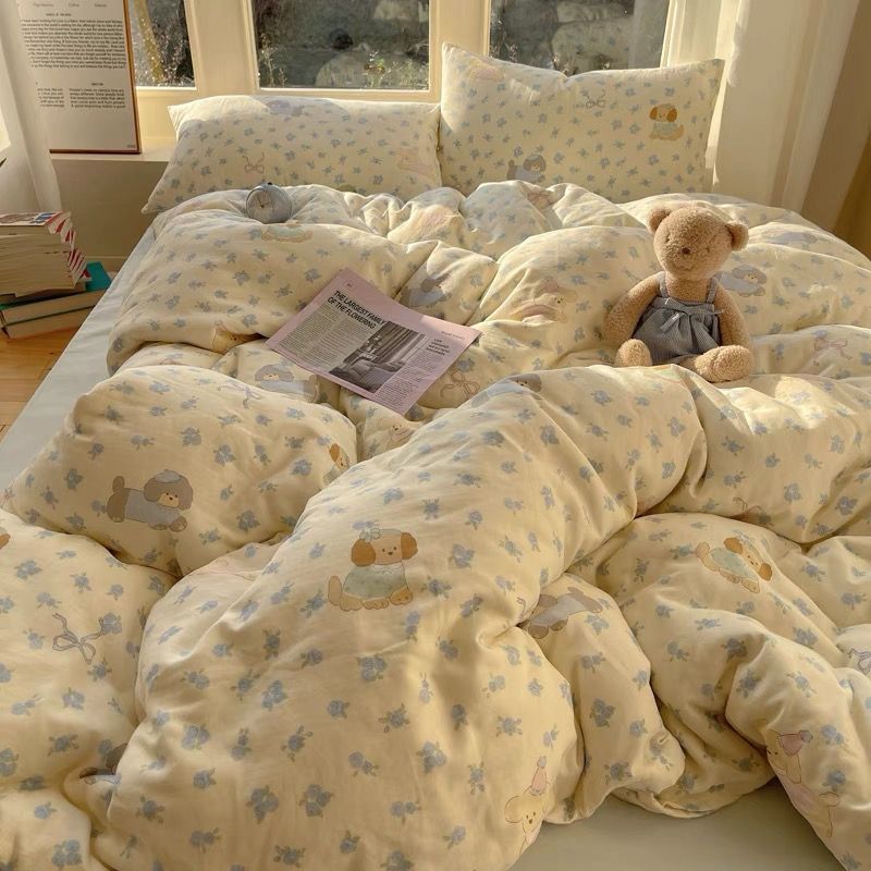 Cream Style Washed Cotton Four-Piece Waffle Bedding Set Quilt Cover Student Dormitory Bed Single Bed Bed Sheets Three-Piece Set