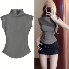 タイ無地多用途弾性アークエッジベスト Tシャツ女性のための ins 純粋な欲望超半袖ハーフタートルネックアントウエストホットガール t