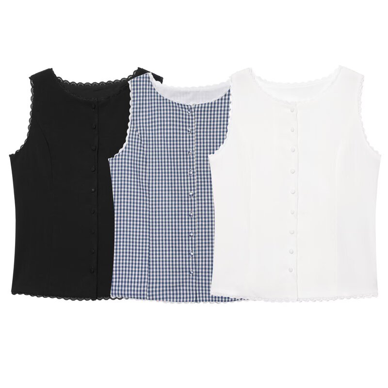 French-Style Sweet Plaid Chic Lace Patchwork Sleeveless Top with Vintage Round Neck and Single-Breasted Waist-Cinching Vest Shirt