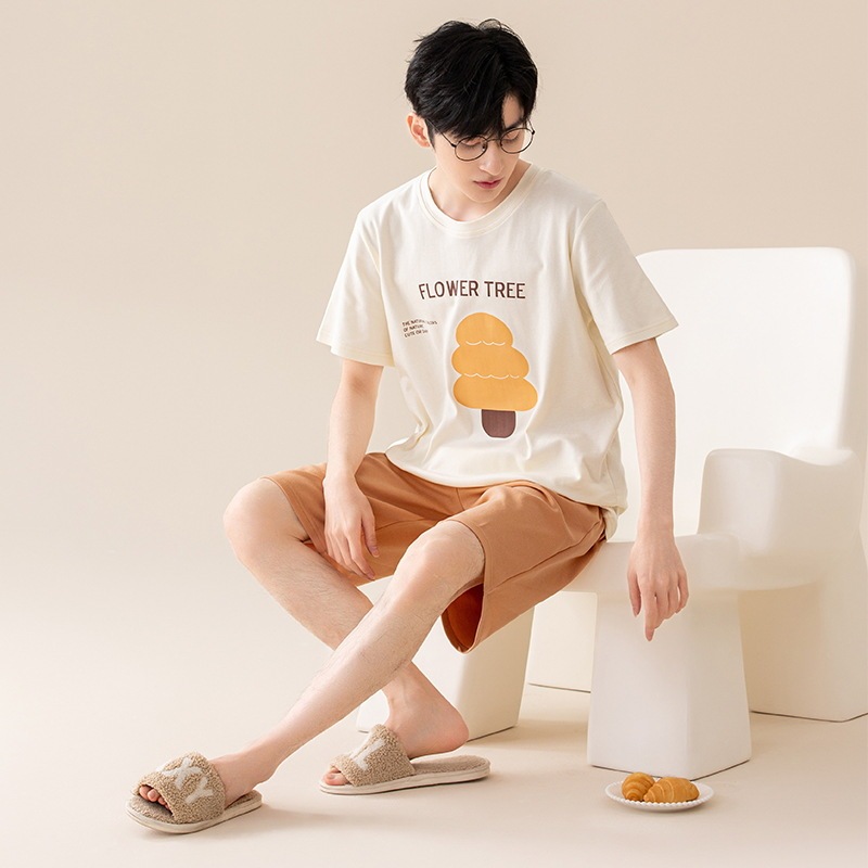 Class A 100% Pure Cotton Antibacterial Men's Pajamas Summer Short-sleeved Shorts Crewneck plus size Cotton Home Wear Men's Suit