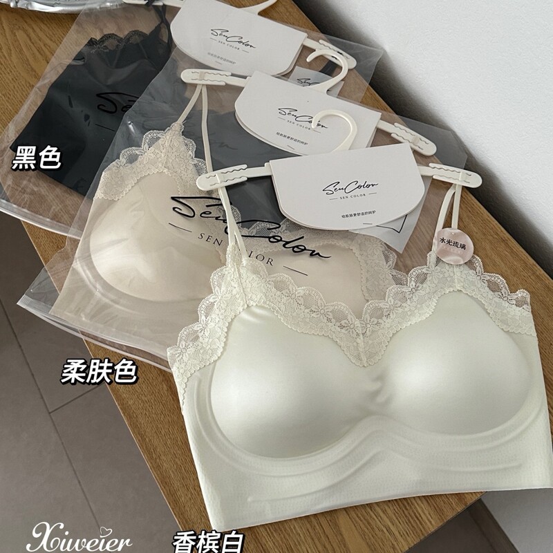 サテンバックレスフレンチレースラップ胸ゼリーストリップサポートプッシュアップシームレス下着快適な水光沢のあるガラスの高級感|undefined