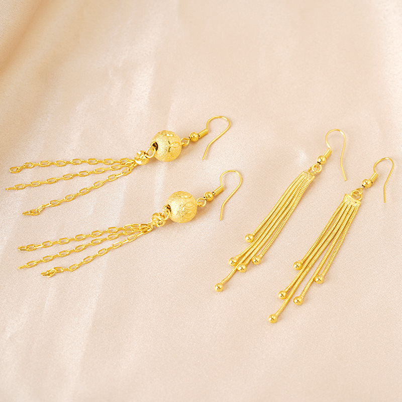 Vietnam arena oro largo borla pendientes simple gran temperamento deja cuentas redondas cinco líneas borla oído joyería al por mayor