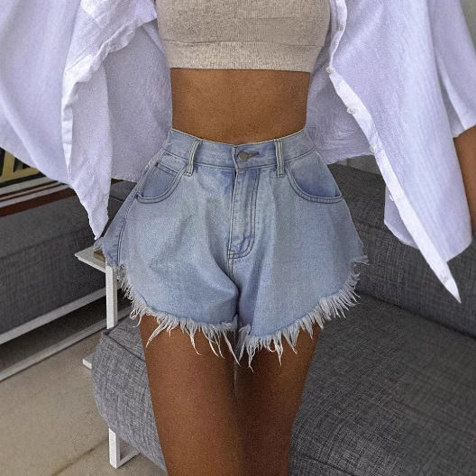 Europe and the United States hot-selling non-elastic fried salt craft women's rubber waist wool edge umbrella Denim shorts Europe and the United States hot-selling non-elastic fried salt craft women's rubber waist wool edge umbrella Denim shorts