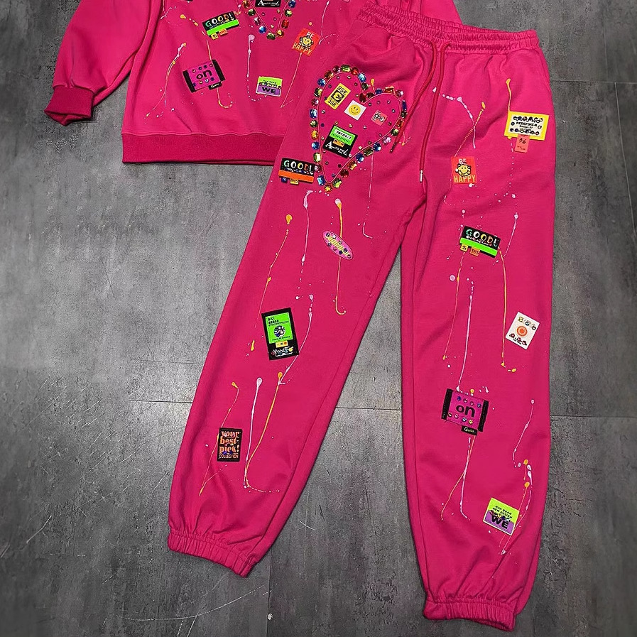 Women's Clothing retro trend fashion casual sports suit large version loose style age reducing graffiti two piece set a complete set_voghion.com