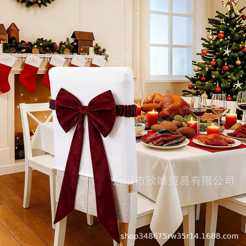 跨境Christmas Red Chair Bows for Chairs圣诞酒红色椅套蝴蝶结