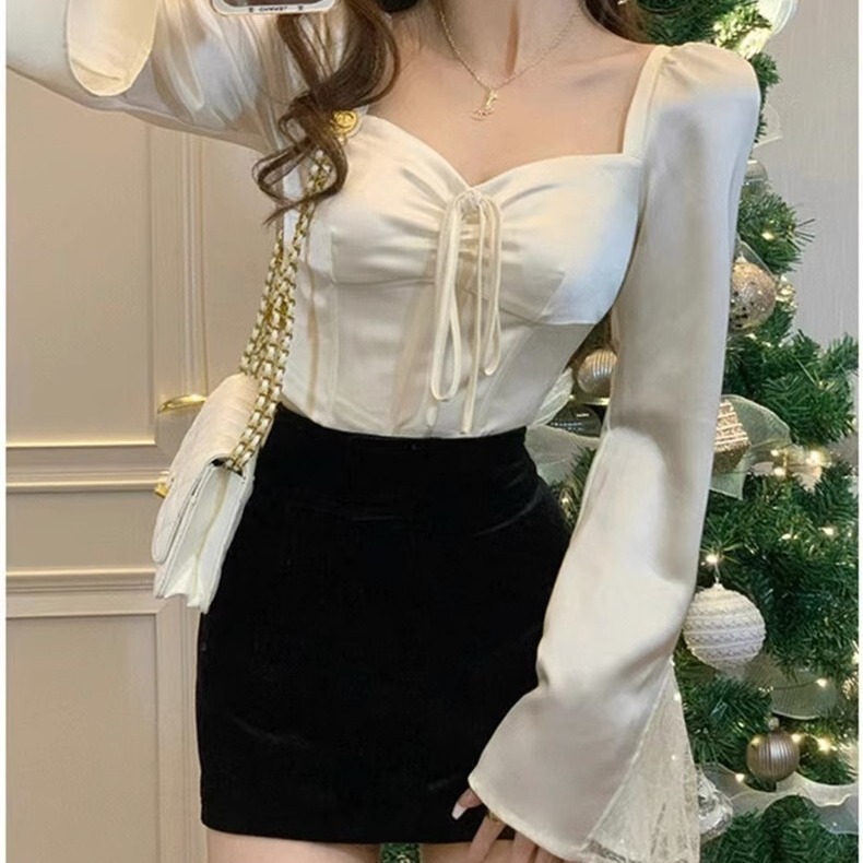 Cross-border factory European and American square collar long sleeve shirt women's shirt spring and summer white short lace trembles Taobao