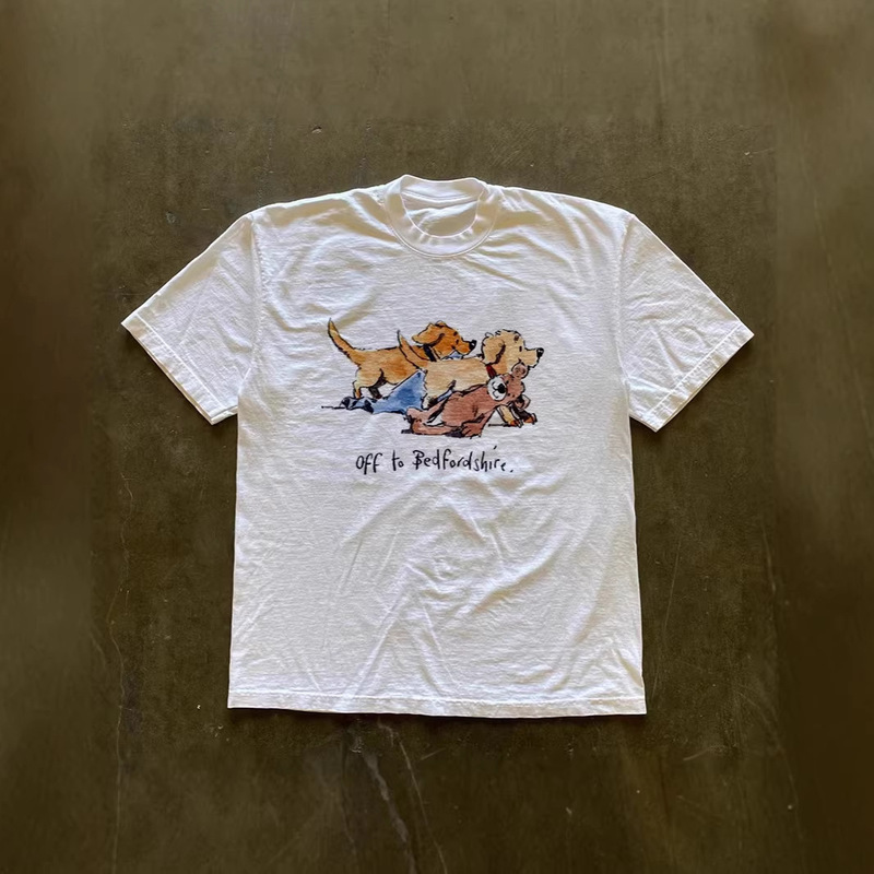 250g Heavyweight Pure Cotton! American-Style Oversized Dog Print Couple's Loose Short-Sleeve T-Shirt for Men Y2K