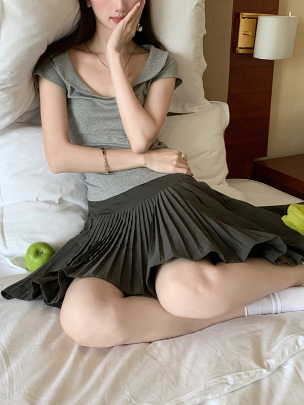 solrok 松未韵一 不规则下摆灰色百褶半身裙百搭气质短裙|undefined