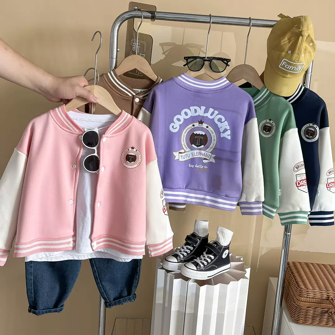 秋冬季女童棒球服外套新款学院风印花拼袖百搭儿童保暖上衣批发