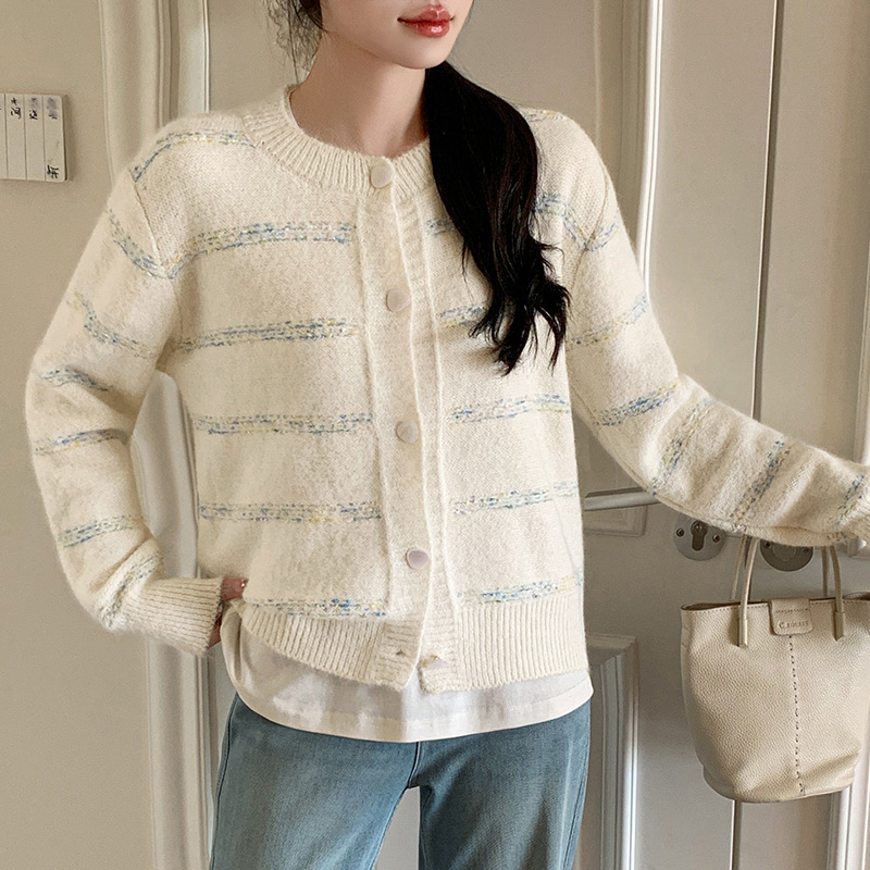 Invierno y otoño suéter fragrante color rayas dulces camisetas de punto para mujeres suaves cardigans versátiles chaqueta