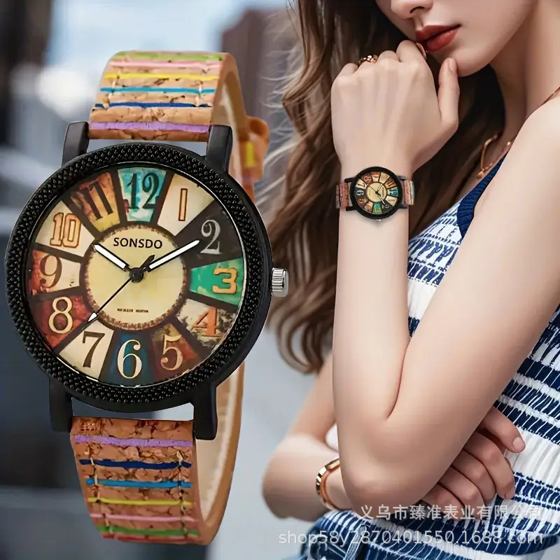 Cross-Border Women's Watches with Imitation Wood Grain Dial, Personalized Women's Wristwatches Wholesale, Leather Korean Style Women's Watches for Female Students