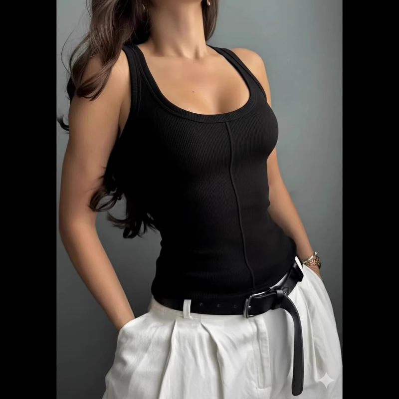 2026 European and American Trendy Design Elastic Solid Color Tank Top with Low Neckline, Sleeveless Camisole, Inner Layer Base Shirt for Women