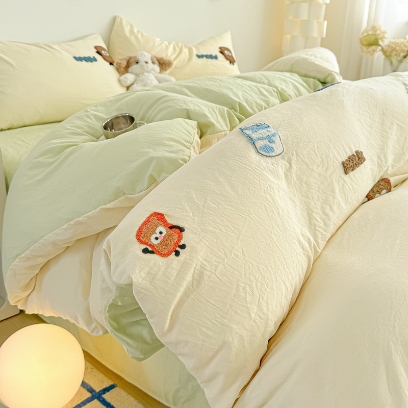 Spring Cartoon Towel Embroidery Washed Cotton Bed Sheet Four-Piece Set Nantong Home Textile Bedding Dormitory Three-Piece Quilt Cover Set