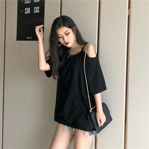 Women's Summer V-Neck T-Shirt with Off-the-Shoulder Design, Loose Fit, Trendy and New Arrival Korean Style T-Shirt with Hidden Details
