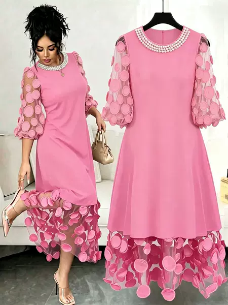 European and American style, cross-border, round-neck, pearl-embellished, puff-sleeve, long dress with a sheer mesh overlay, featuring three-dimensional round appliqués and a flared hem