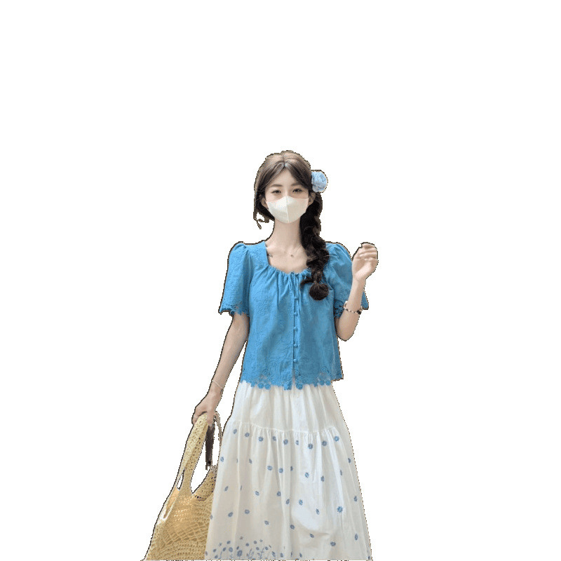 レイクブルー半袖トップ女性のための 2025 夏ドーパミンスーツフレンチユニークなベビードールシャツ小柄なレースシャツ|undefined