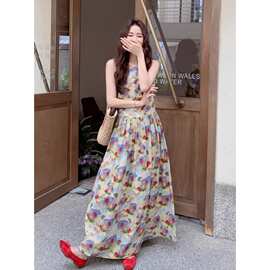 甜美减龄油画印花背心掐腰连衣裙女夏巨好看的度假风碎花长裙