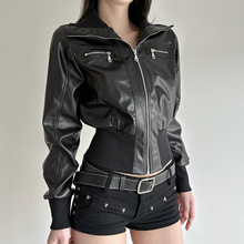 美式复古暗黑风皮革口袋拼接工装夹克秋冬新款百搭收腰外套上衣女