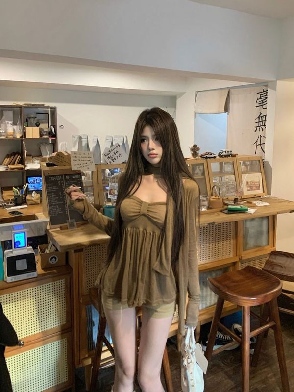 美拉德穿搭套装咖色长袖针织开衫女装秋季辣妹抹胸背心上衣两件套|undefined