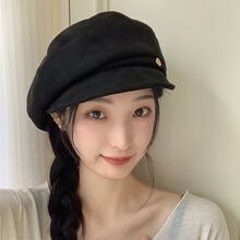 秋冬季麂皮绒复古显脸小贝雷帽女休闲百搭优雅帽子甜美复古八角帽