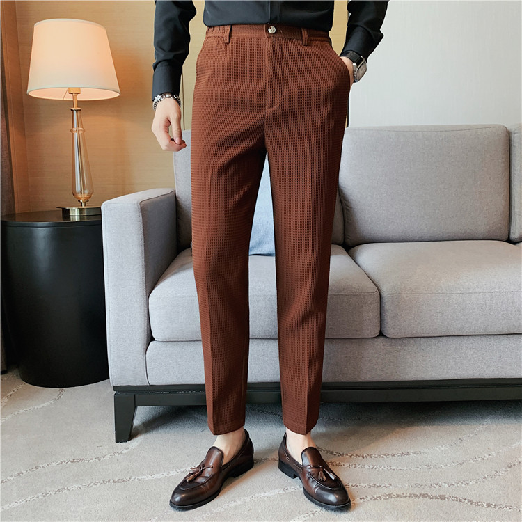 Pantalon décontracté droit gaufré à la mode et simple de marque tendance paresseuse, pantalon slim à petite jambe, pantalon d'affaires suspendu_voghion.com