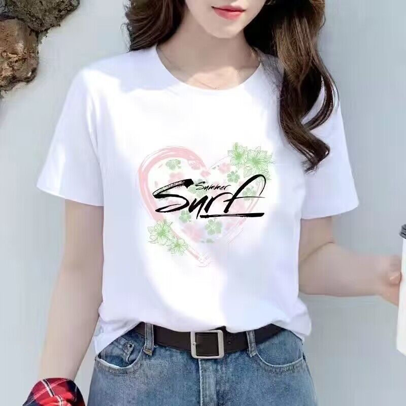 흰색 반팔 티셔츠베이스 셔츠 여성용 봄과 가을 인쇄 느슨한 인터넷 트렌디 한 외국식 정사이즈 봄 탑