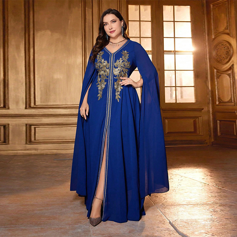 KY744跨境欧美高端超长袖气质V领摇花宴会鱼尾服伴娘服大码连衣裙