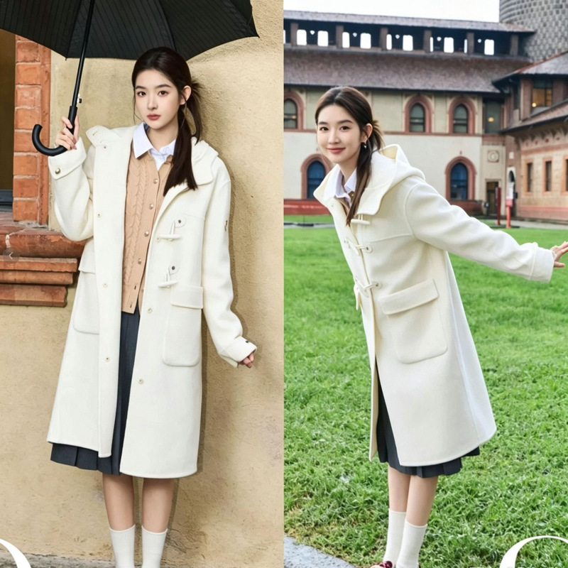 Long hooded cashmere coat, Australian woolen coat for women, loose fit, slimming, college style, high-end Korean style coat Long hooded cashmere coat, Australian woolen coat for women, loose fit, slimming, college style, high-end Korean style coat