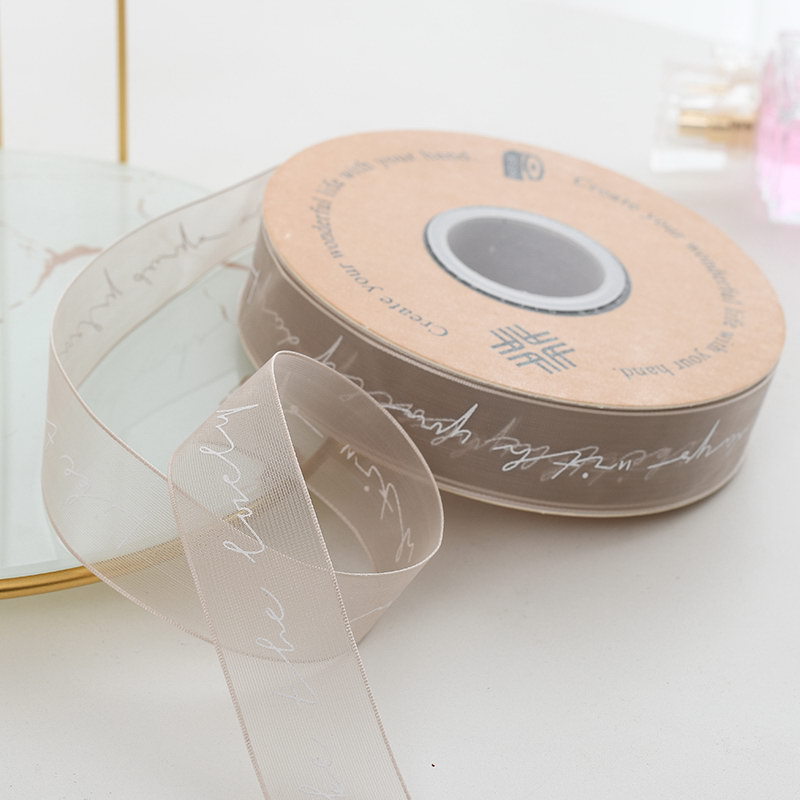 Venta al por mayor cinta de impresión de hilo de nieve letras inglesas Flor de organza pastel de embalaje cinta de ramo de vendaje transparente