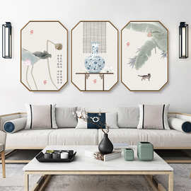 新中式客厅装饰画沙发背景墙挂画工笔荷花瓶花原木风禅意茶室壁画