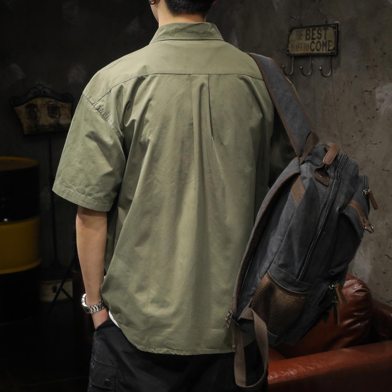 American Style Army Green Workwear Shirt Men's Short-sleeved Loose plus size Summer Thin Outdoor Commuting Casual Half-sleeved Shirt
