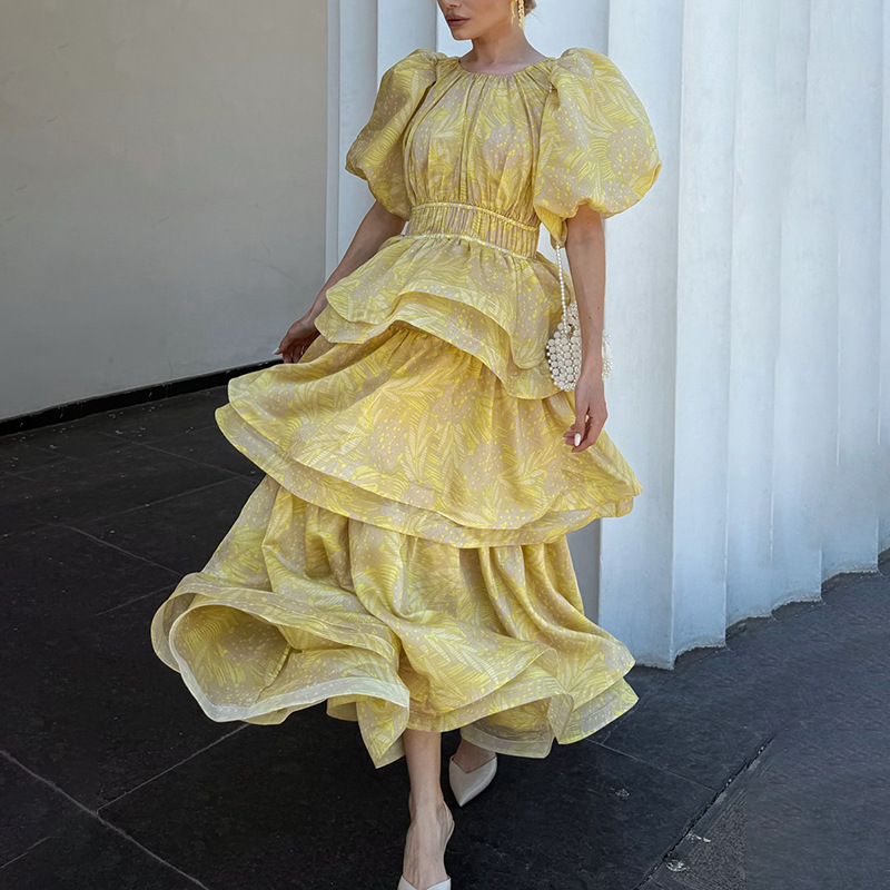 French-Style Multi-Layered Ruffled Long Dress with Puff Sleeves and Printed Design, Waist-Cinching Long Skirt, 2026 Summer New Women's Dress