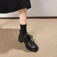 牛皮版~英伦风山茶花厚底乐福鞋一脚蹬圆头单鞋复古粗跟小皮鞋女