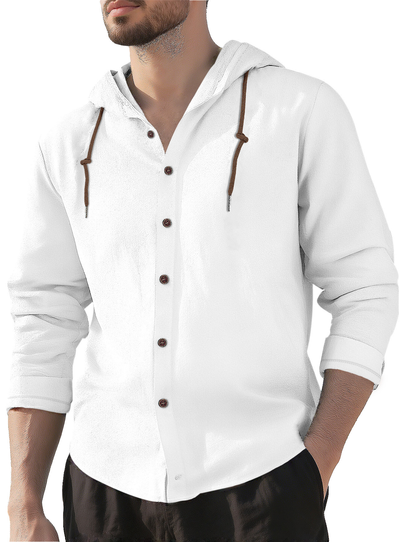 Transfronterizos de hombres Amazon encapuchado Camiseta de algodón camiseta de color sólido suelta de manga larga Cardigan casual chaqueta de playa