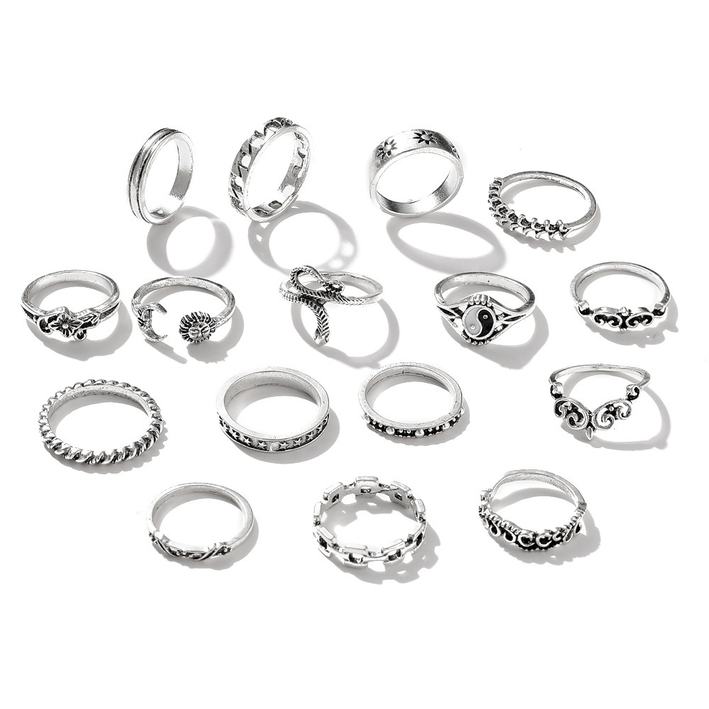 Fashion Temperament Snake Taichi Star Moon Ring 16-piece Set display picture 2