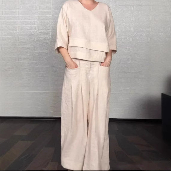 2025 European and American Style Cross-Border Independent Station Women's Round Neck Long-Sleeved Casual Tops Mid-Waist Flap Pocket Pants Straight Pants Two-Piece Set