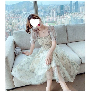 2026夏季新款法式水墨画泡泡袖收腰显瘦气质淑女碎花雪纺连衣裙子