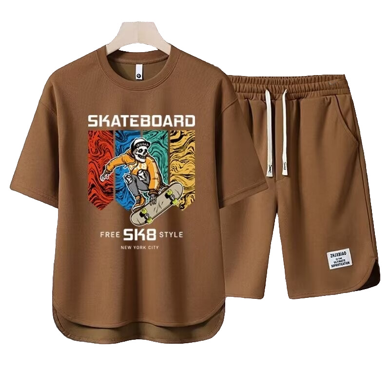 Men's Clothing 2024 Waffle Casual Summer Suit Men's Loose Teen Short sleeved T shirt Shorts Handsome Two piece Suit_desvips.com