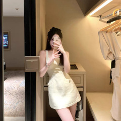 TZ6702法式千金白色小香风吊带方领连衣裙女气质名媛收腰显瘦短裙